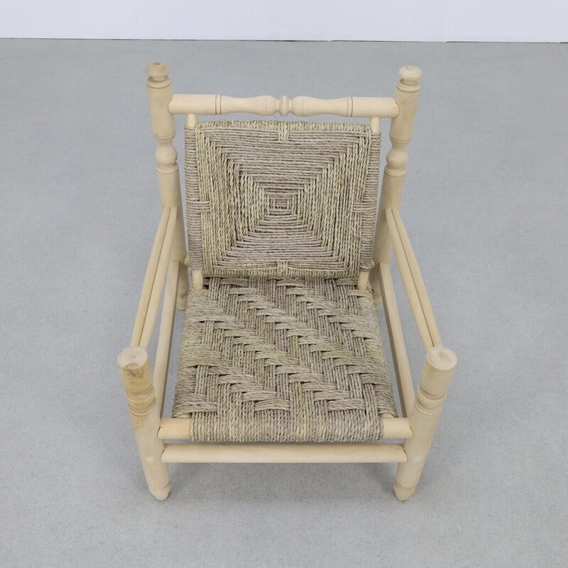 Vintage low chair in rope and natural teak, 1970