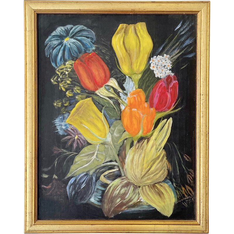 Vintage painting representing a still life with a wooden frame