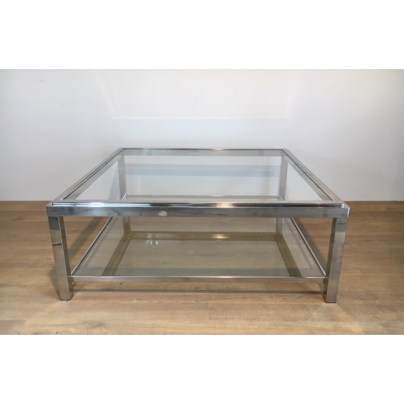 Vintage square chrome coffee table, France 1970