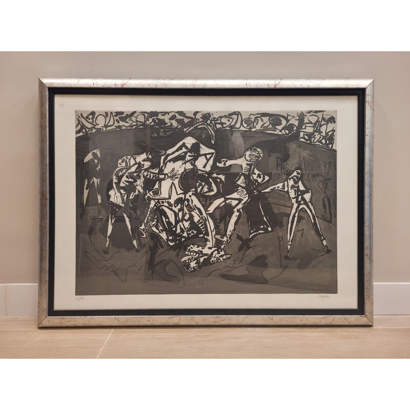 Vintage painting "Bullfighting: fall and capture" by Juan Barjola