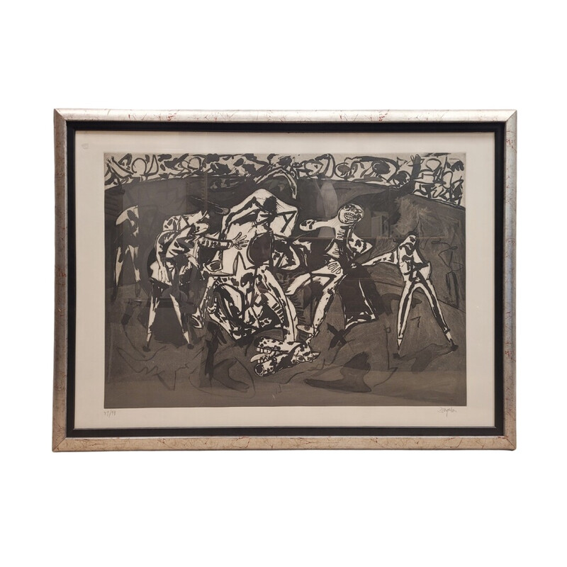 Vintage painting "Bullfighting: fall and capture" by Juan Barjola