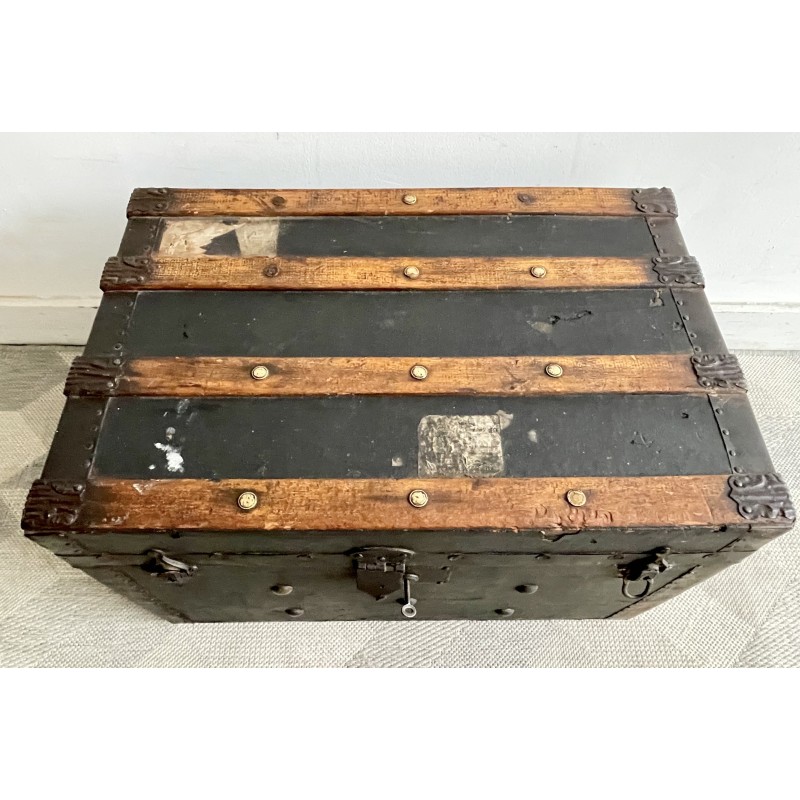 Vintage antique chest in black wood and metal