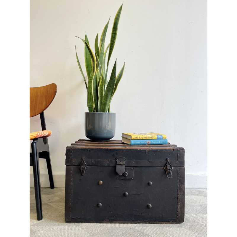 Vintage antique chest in black wood and metal