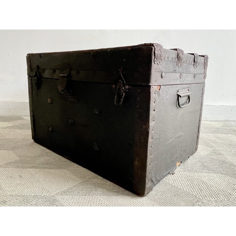 Vintage antique chest in black wood and metal