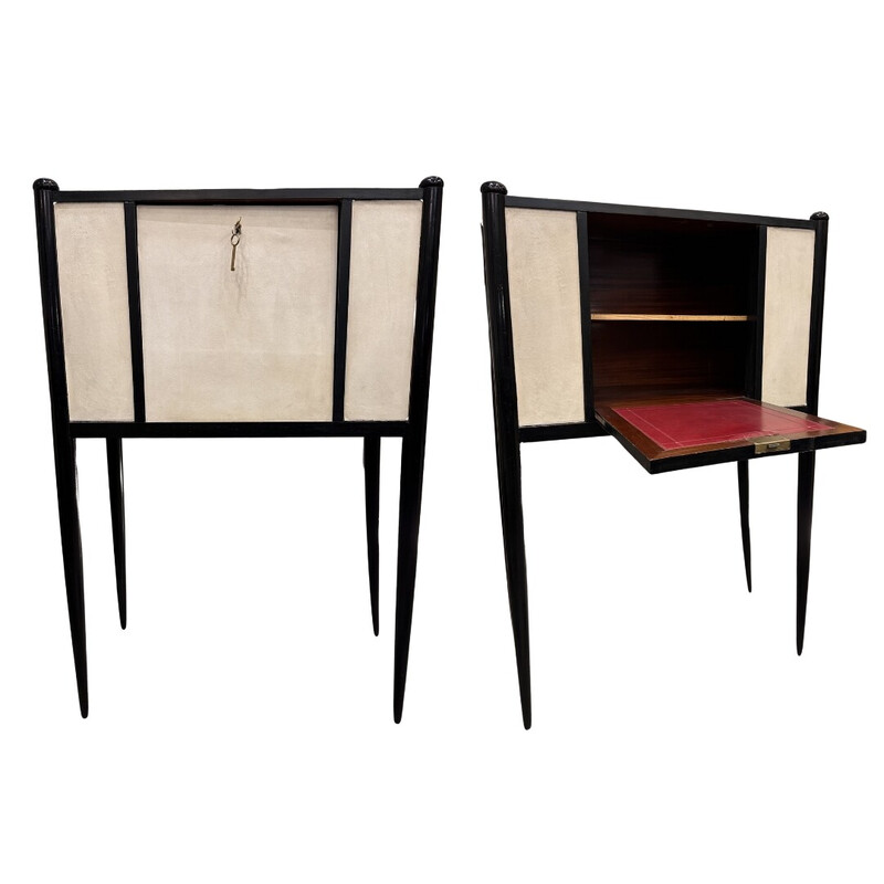 Pair of vintage Art Deco desks in black lacquered wood and parchment