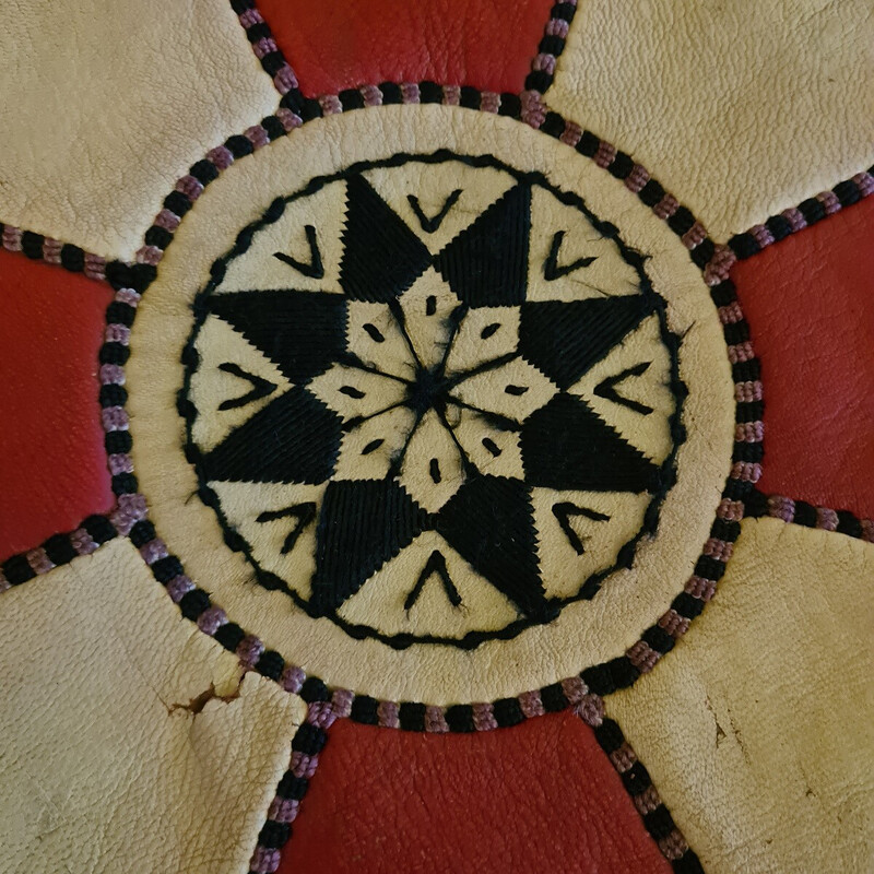 Vintage two-tone cream and red leather pouf, 1960