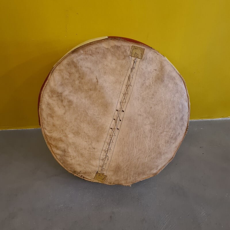 Pouf vintage en cuir bicolore crème et rouge, 1960