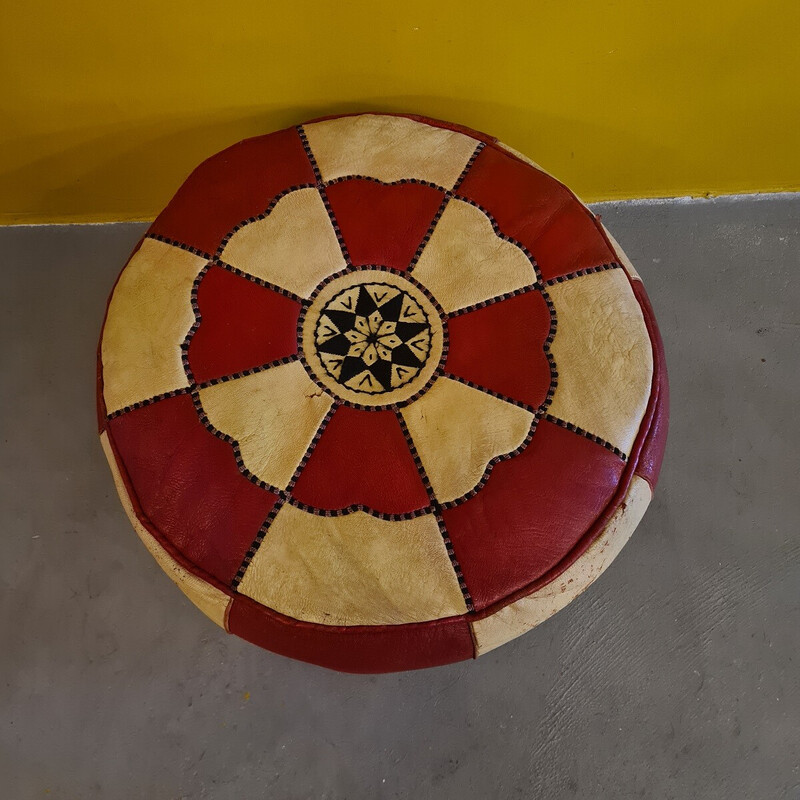 Vintage two-tone cream and red leather pouf, 1960