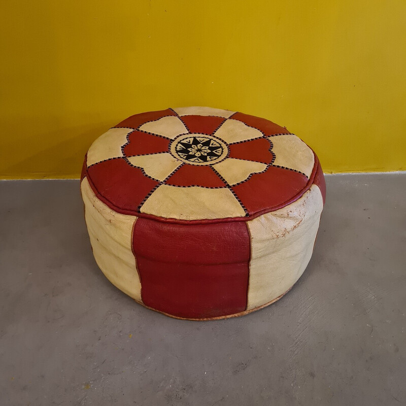 Vintage two-tone cream and red leather pouf, 1960
