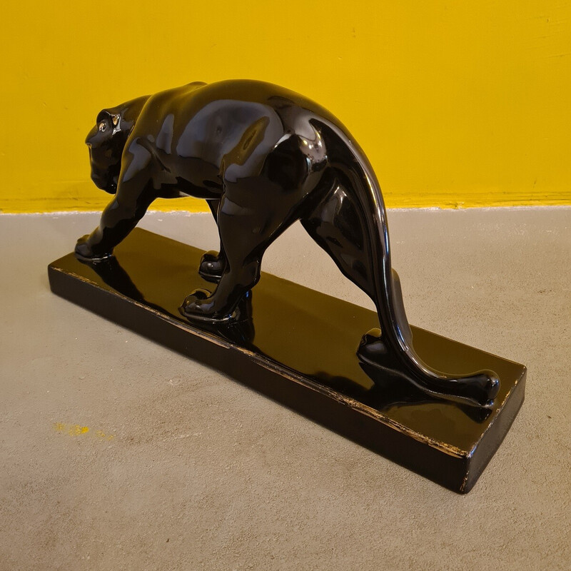 Statua vintage di pantera Art Déco in ceramica laccata nera e oro di Jean pour Massin, Francia 1930
