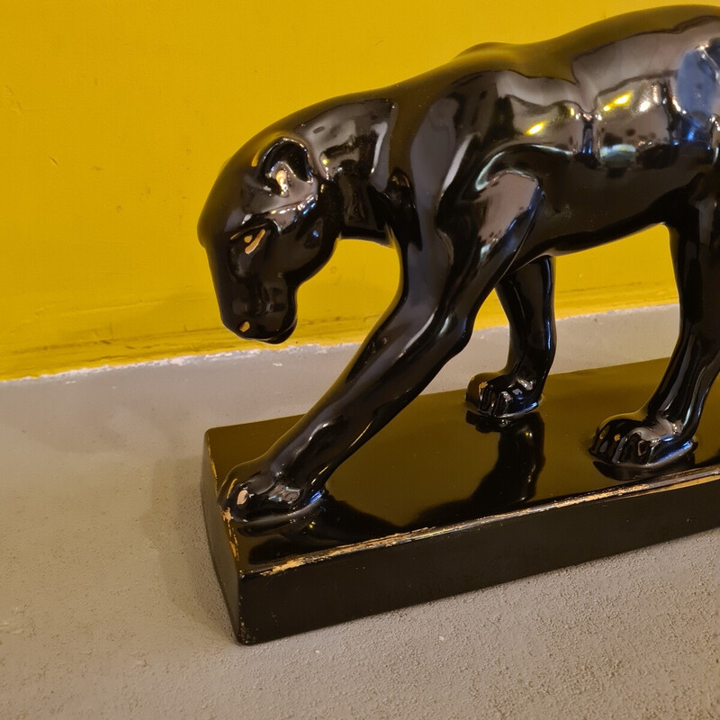 Vintage Art Deco Pantherstatue aus schwarz und gold lackierter Keramik von Jean pour Massin, Frankreich 1930