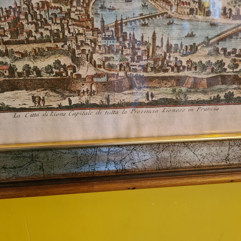 Vintage colored copper engraving of the city of Lyon by Thomas Salmon