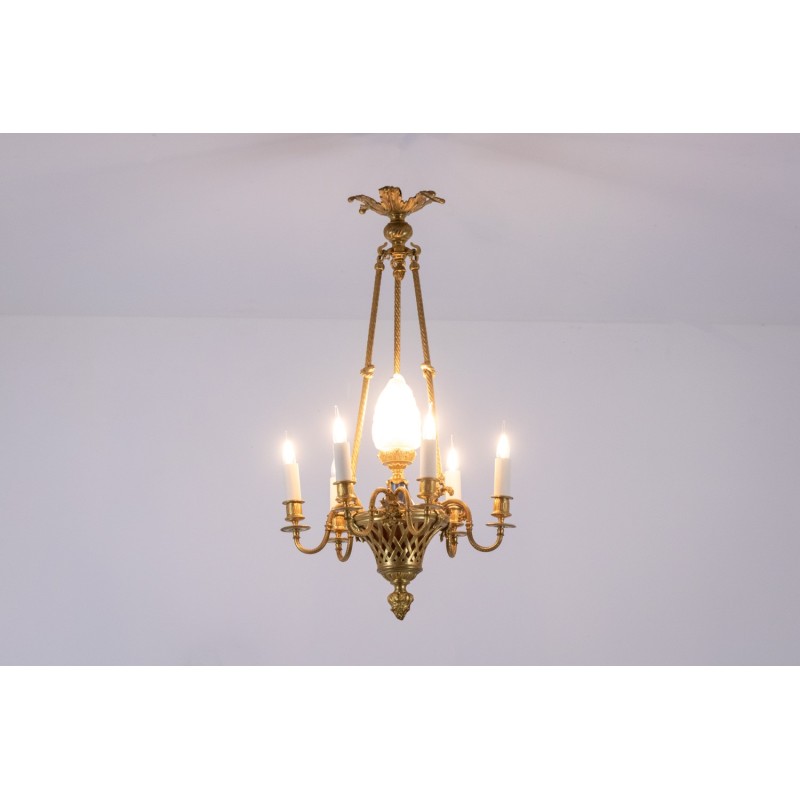 Vintage gilded bronze chandelier with 6 arms of light, 1900