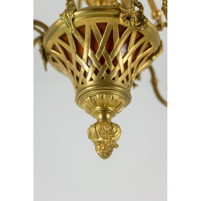 Lustre vintage en bronze doré à 6 bras de lumière, 1900