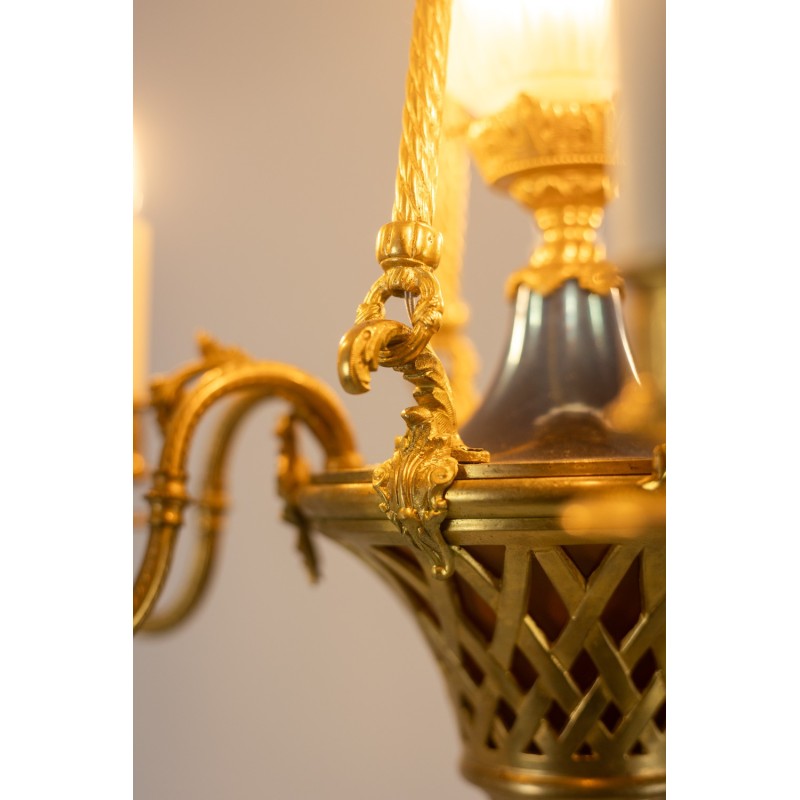 Vintage gilded bronze chandelier with 6 arms of light, 1900