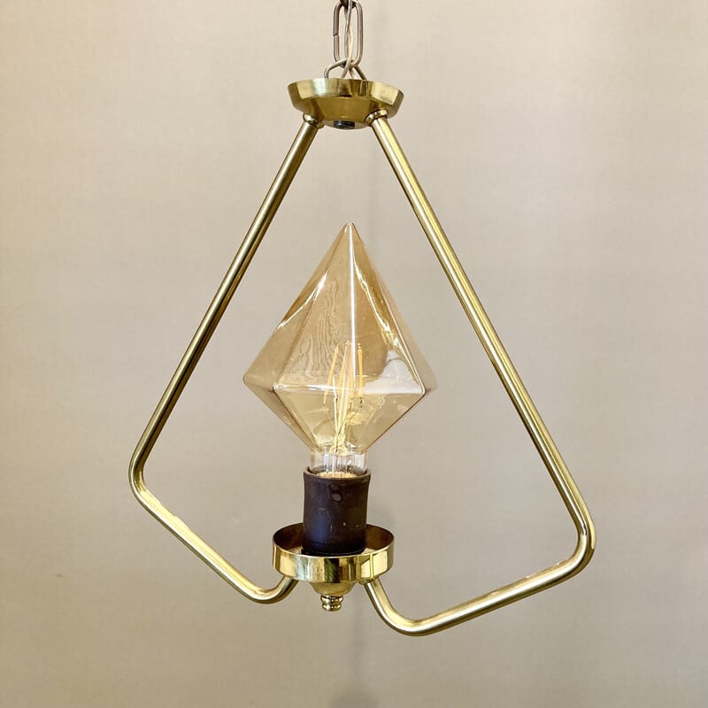 Lámpara de suspensión vintage de metal y cristal, 1950
