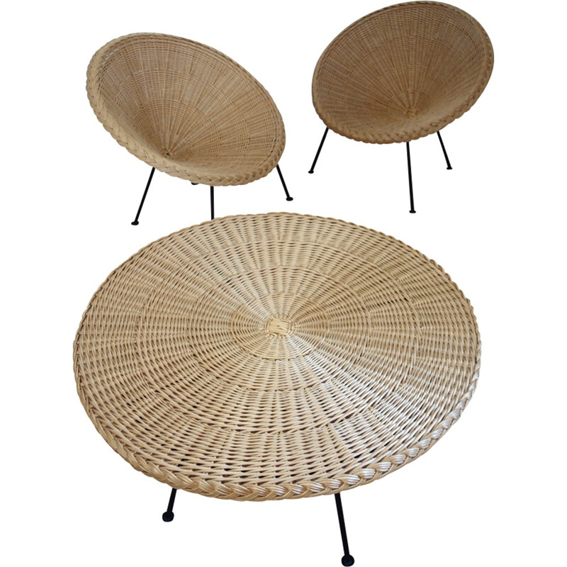 Braided rattan garden set with black feet - 1950s