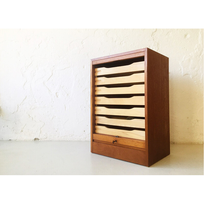 Vintage chest of drawers with rolling door, Denmark 1960