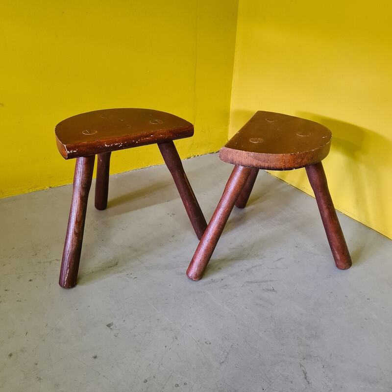 Pair of vintage wooden tripod farm stools, 1970