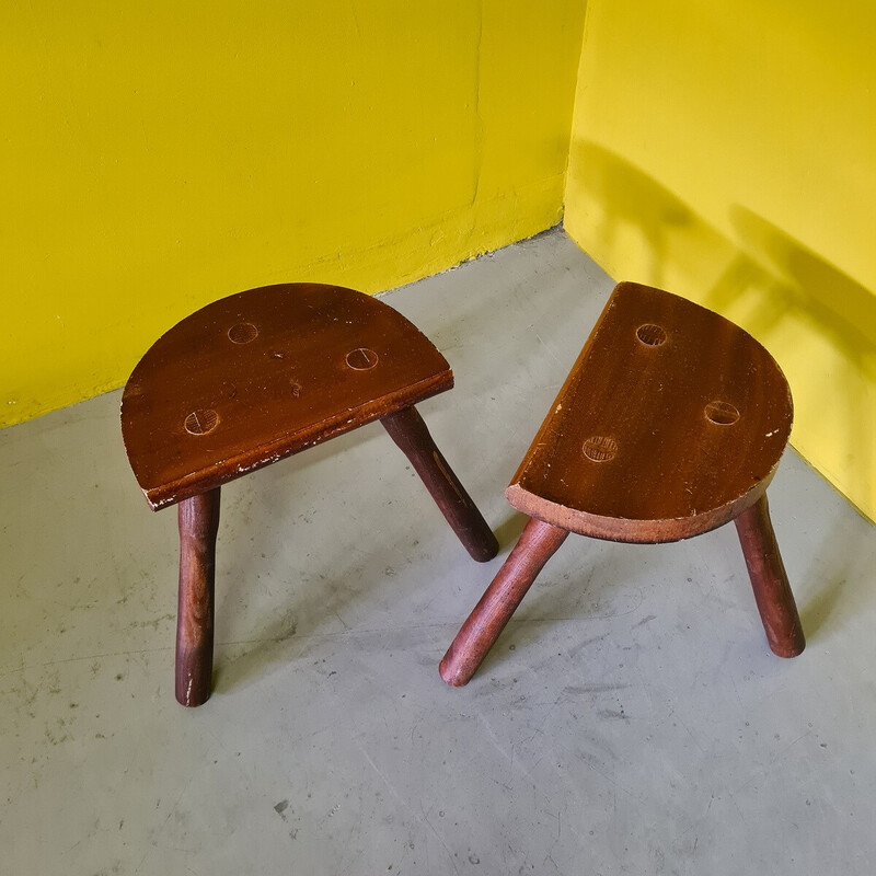 Pair of vintage wooden tripod farm stools, 1970