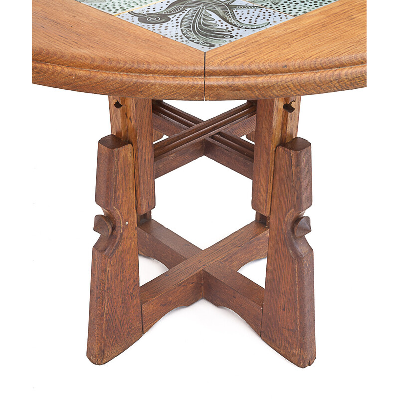 Table vintage "Ladislas" ronde transformable en chêne et céramique par Guillerme et Chambron, 1950