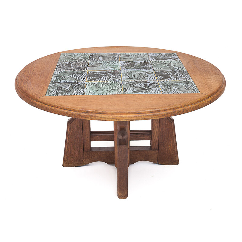 Ladislas" ronde vintage tafel in eikenhout en keramiek van Guillerme et Chambron, 1950