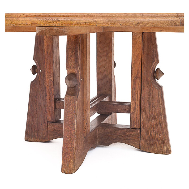 Vintage-Tisch "Ladislas", runder, wandelbarer Tisch aus Eiche und Keramik von Guillerme und Chambron, 1950