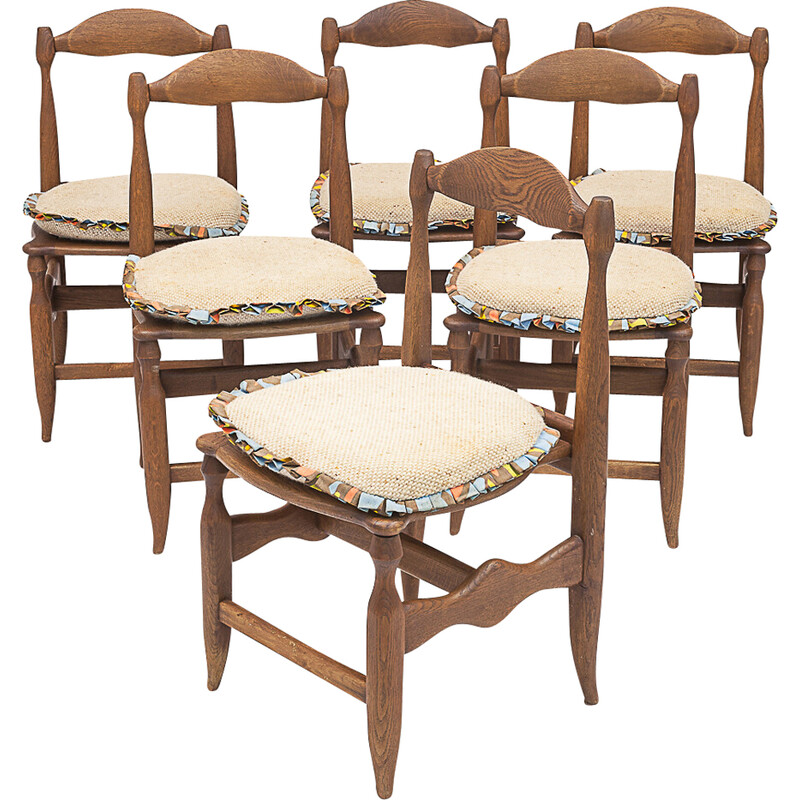 Set of 6 vintage "Charlotte" chairs by Guillerme and Chambron in solid oak, 1950