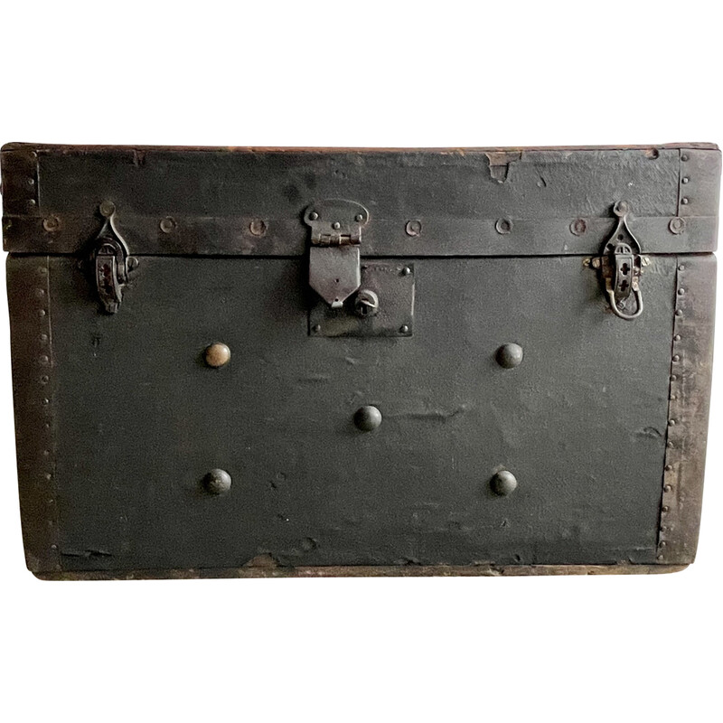 Vintage antique chest in black wood and metal