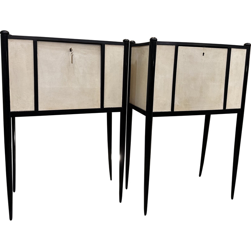Pair of vintage Art Deco desks in black lacquered wood and parchment