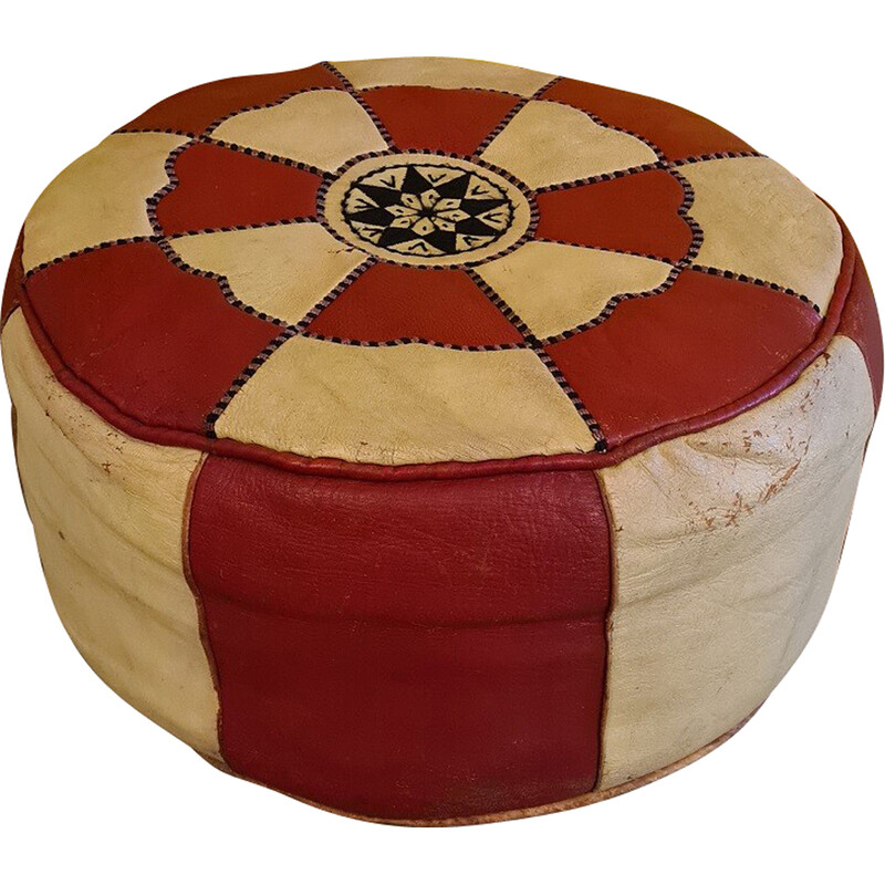 Vintage two-tone cream and red leather pouf, 1960