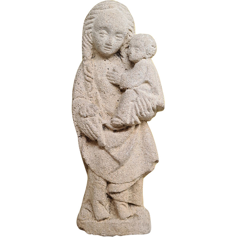 Statue vintage en grès représentant la Vierge à l'enfant, 1930