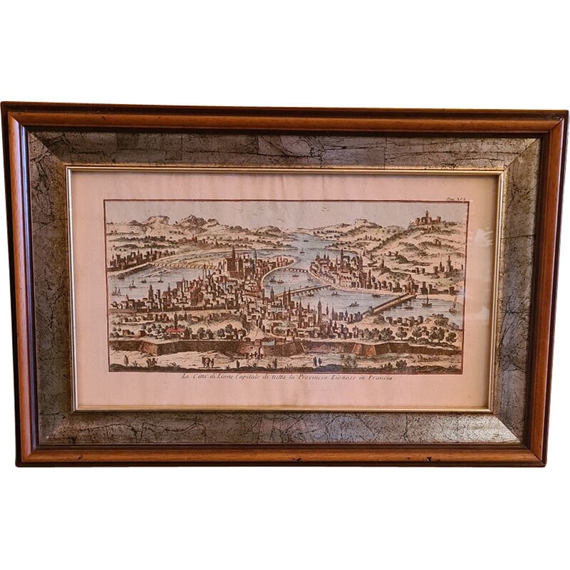 Vintage colored copper engraving of the city of Lyon by Thomas Salmon