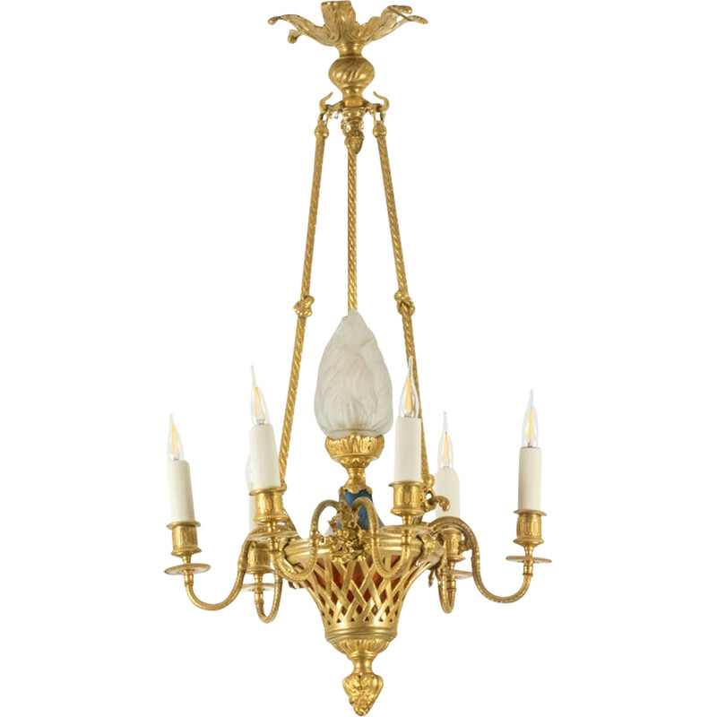 Vintage gilded bronze chandelier with 6 arms of light, 1900