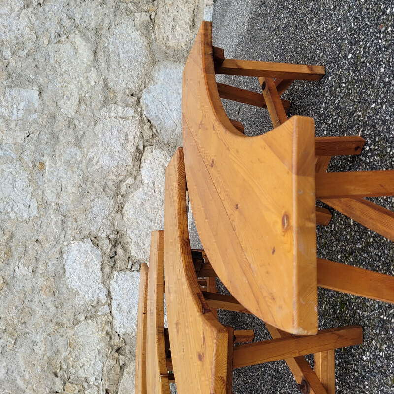 Set of 4 vintage curved benches in solid pine