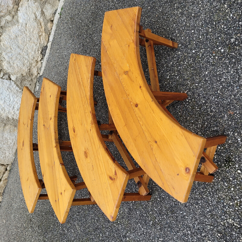 Set of 4 vintage curved benches in solid pine