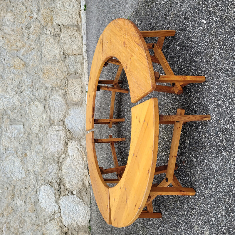 Set of 4 vintage curved benches in solid pine