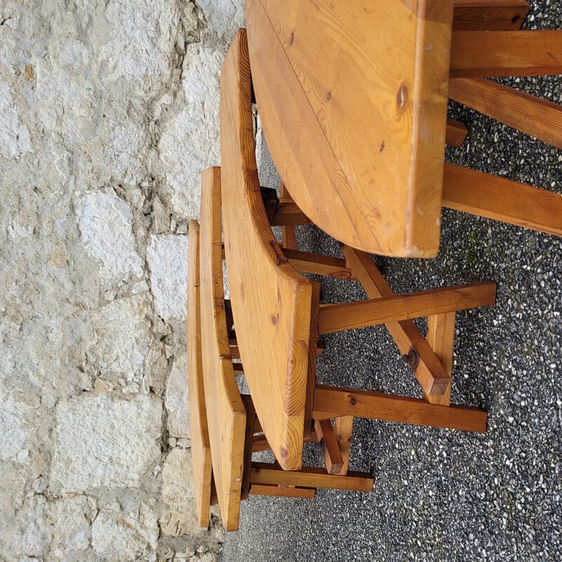 Set of 4 vintage curved benches in solid pine