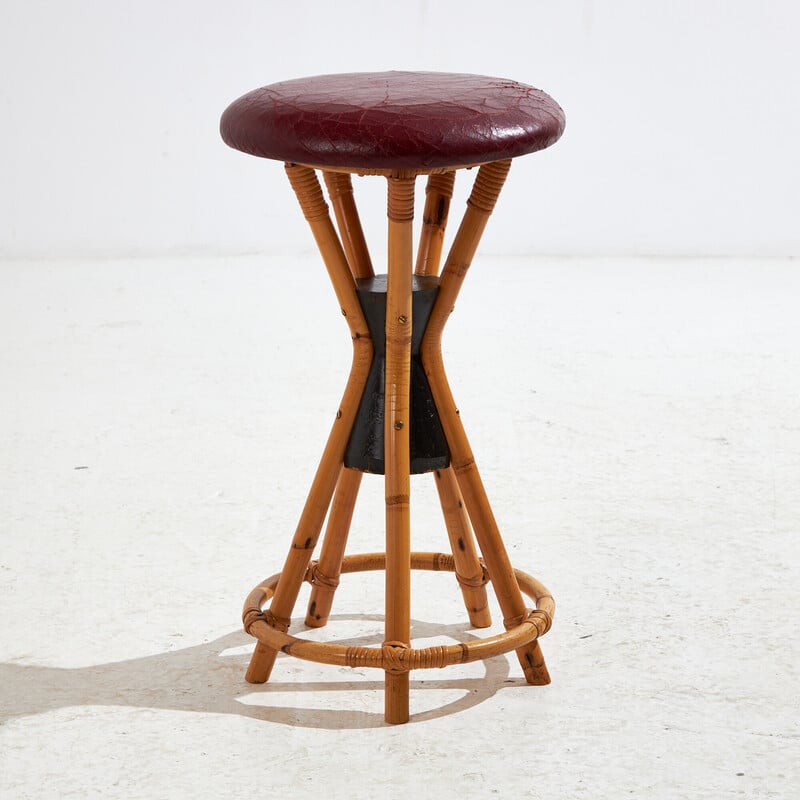 Tabouret de bar vintage en bambou et cuir, 1970