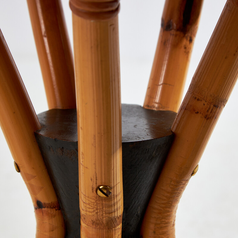 Tabouret de bar vintage en bambou et cuir, 1970