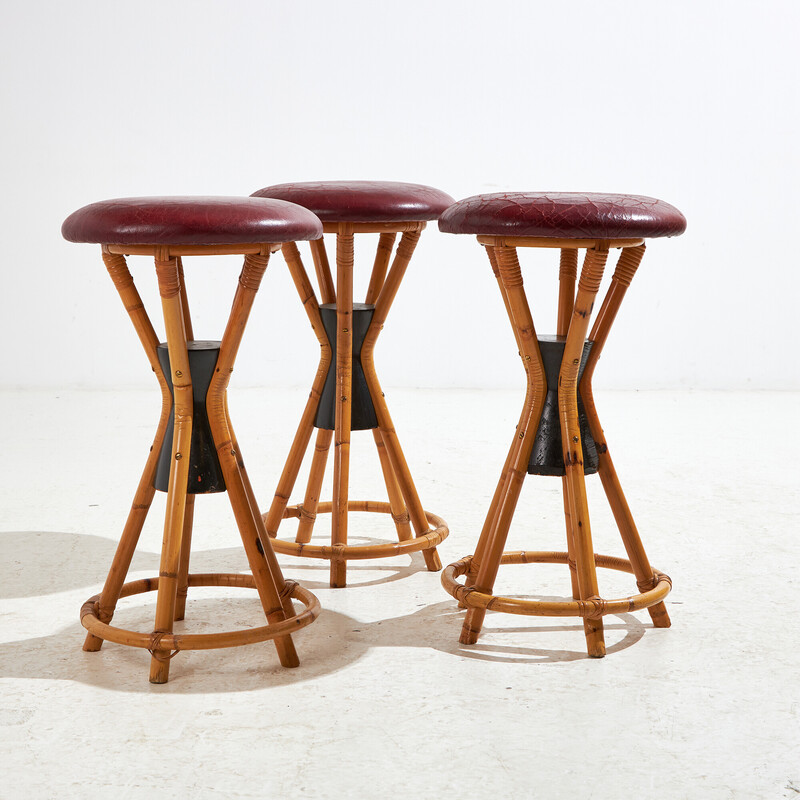 Tabouret de bar vintage en bambou et cuir, 1970