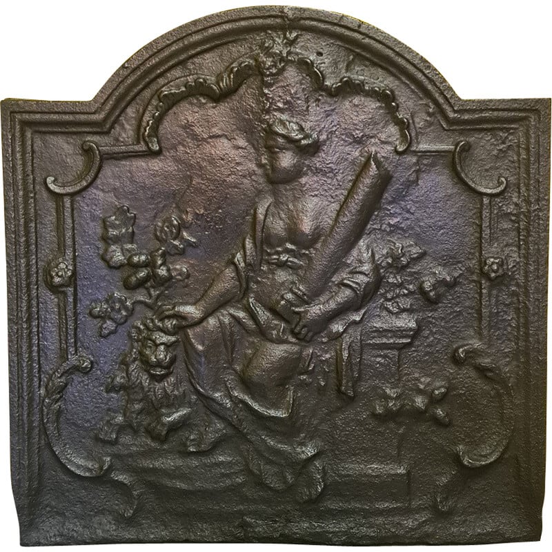 Vintage gietijzeren haardplaat versierd met de Godin Fortitude, Frankrijk 1700