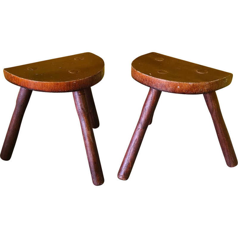 Pair of vintage wooden tripod farm stools, 1970