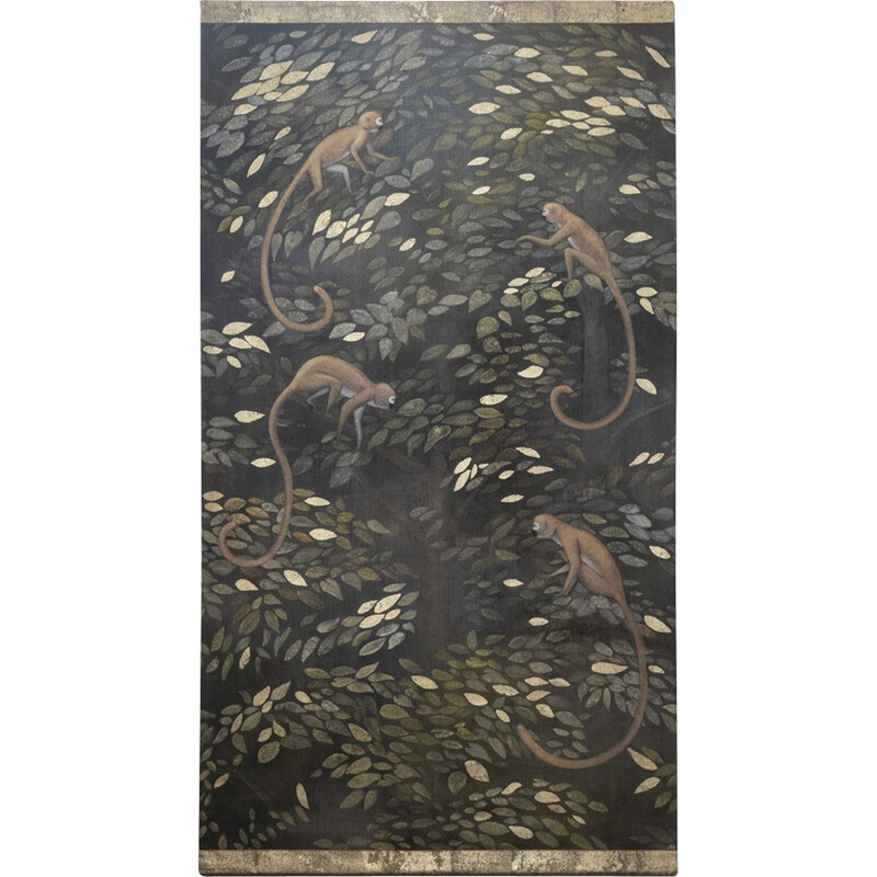 Vintage painting representing 4 chimpanzees on the branches of a tree and on a background