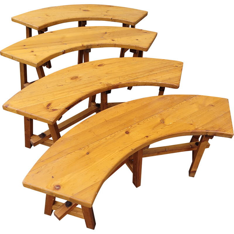 Set of 4 vintage curved benches in solid pine