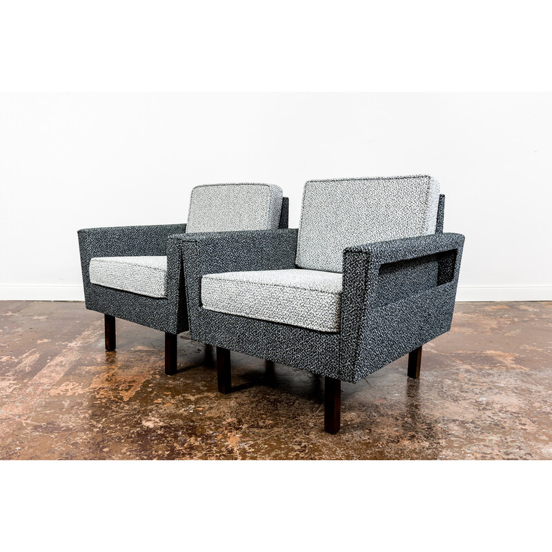 Pair of vintage gray and black woven fabric and gray and white woven fabric armchairs, Poland 1970