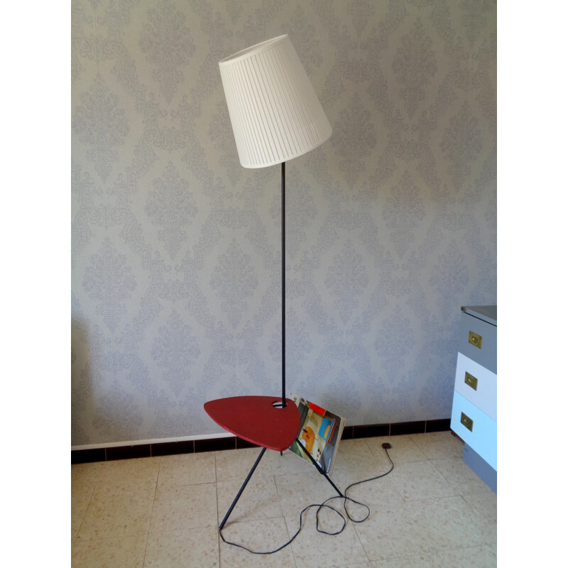Floor lamp with red magazine rack - 1950s