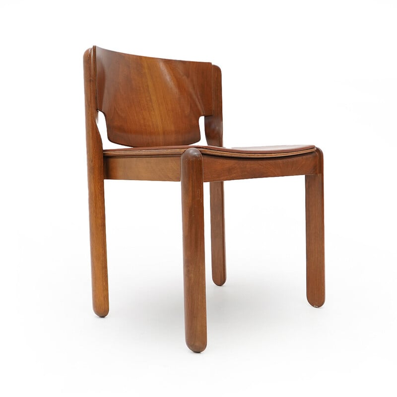 Set of 6 vintage model 122 chairs in walnut wood and brown leather by Vico Magistretti for Cassina, 1960