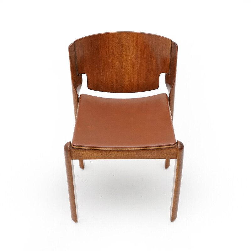 Set of 6 vintage model 122 chairs in walnut wood and brown leather by Vico Magistretti for Cassina, 1960