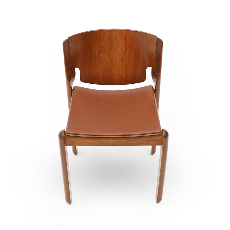 Set of 6 vintage model 122 chairs in walnut wood and brown leather by Vico Magistretti for Cassina, 1960